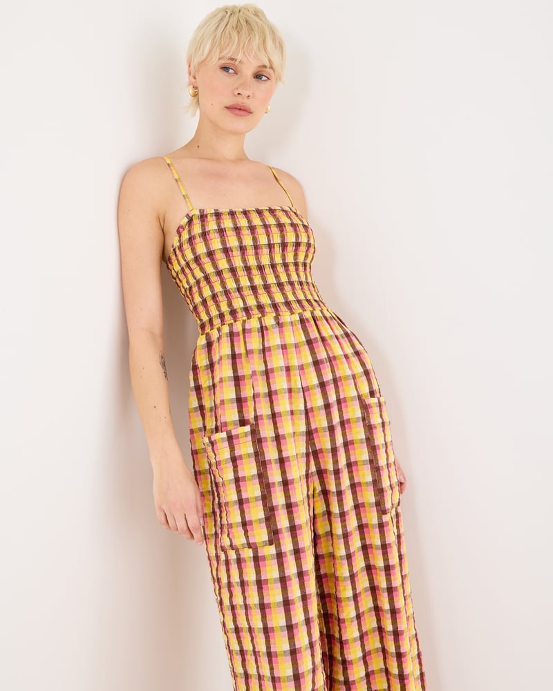 Yellow & Brown Checked Strappy Cropped Jumpsuit