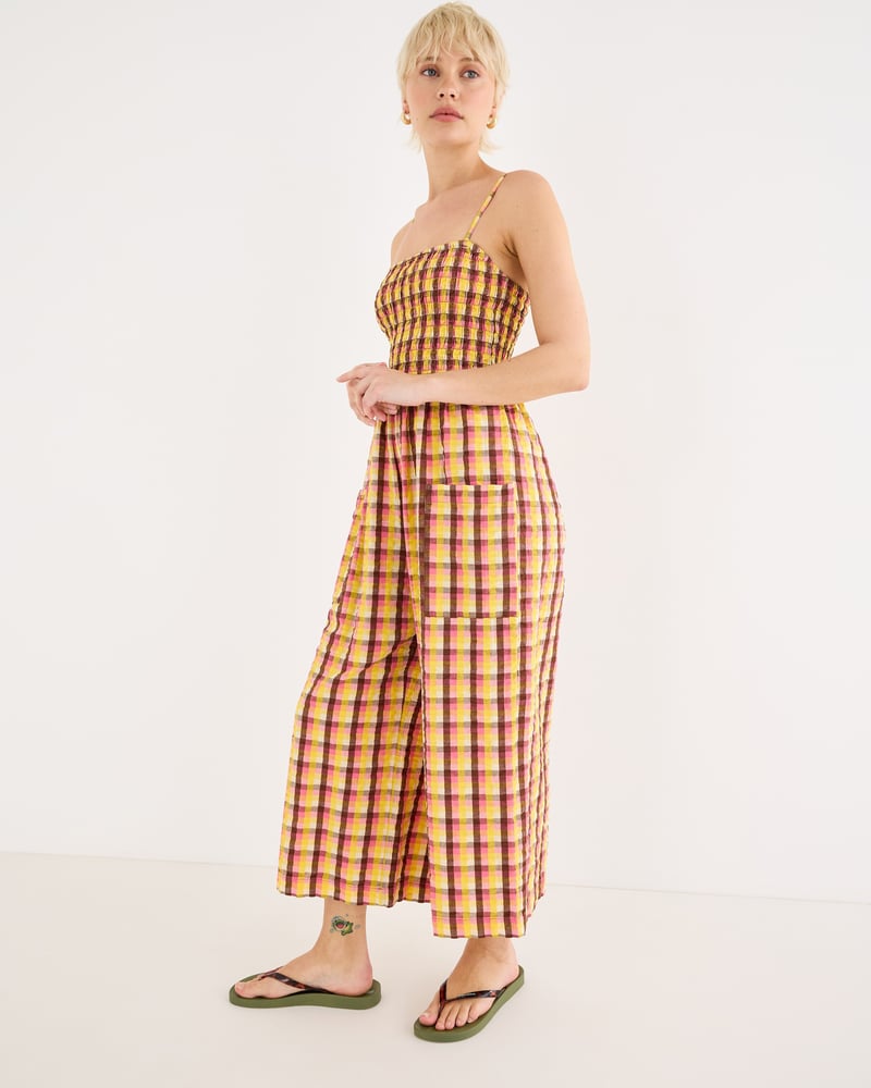 Yellow & Brown Checked Strappy Cropped Jumpsuit