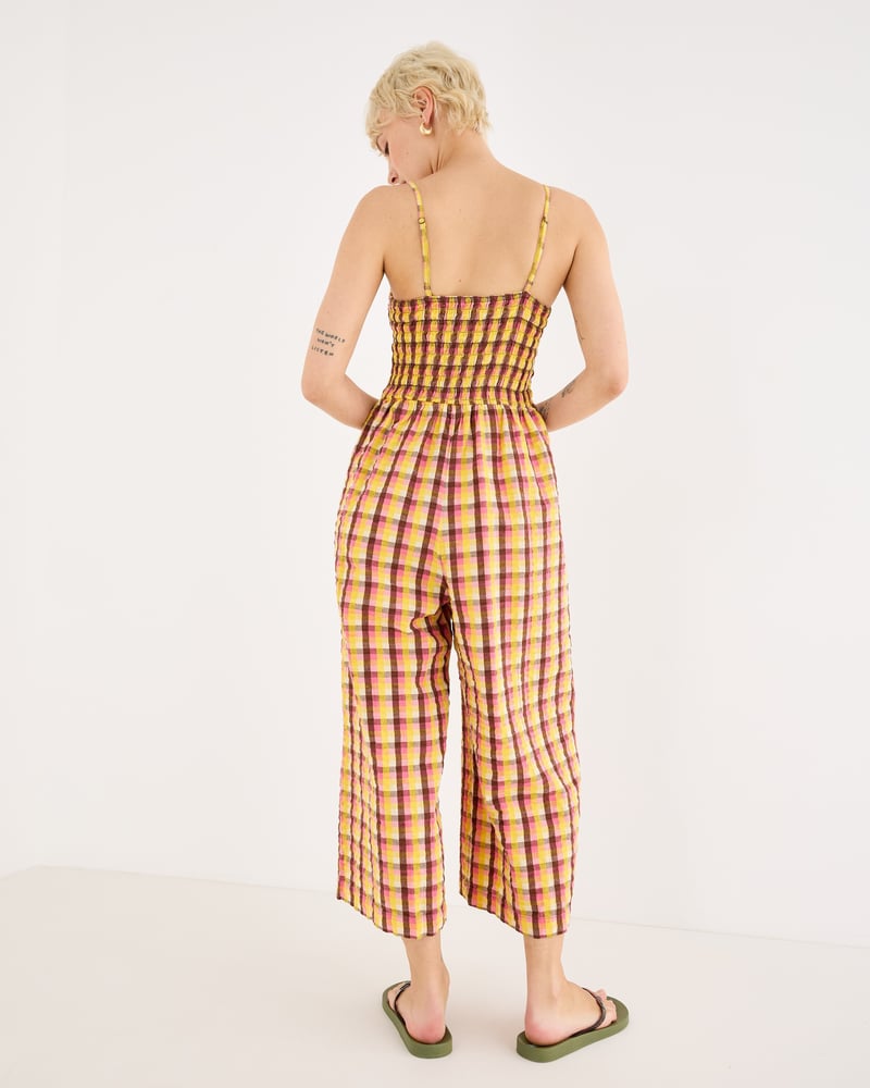 Yellow & Brown Checked Strappy Cropped Jumpsuit