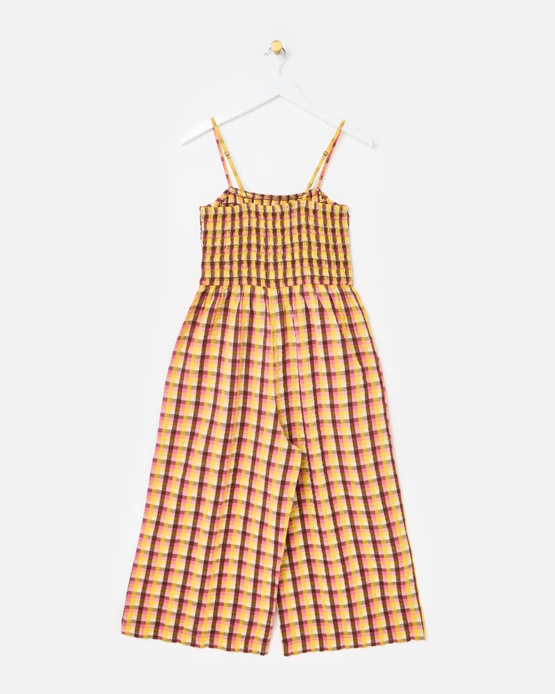 Yellow & Brown Checked Strappy Cropped Jumpsuit