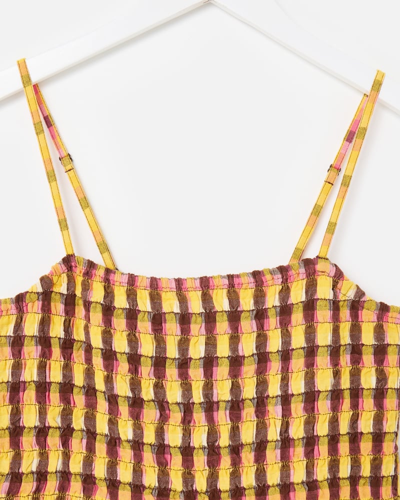 Yellow & Brown Checked Strappy Cropped Jumpsuit