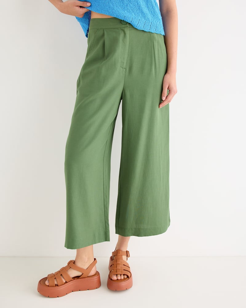 Dark Green Cropped Wide Leg Trousers