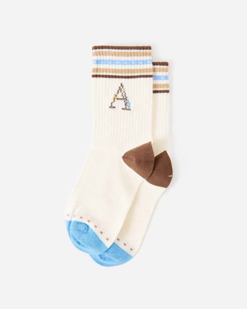 Cream & Brown Cross Stitch Alphabet Initial Ankle Socks