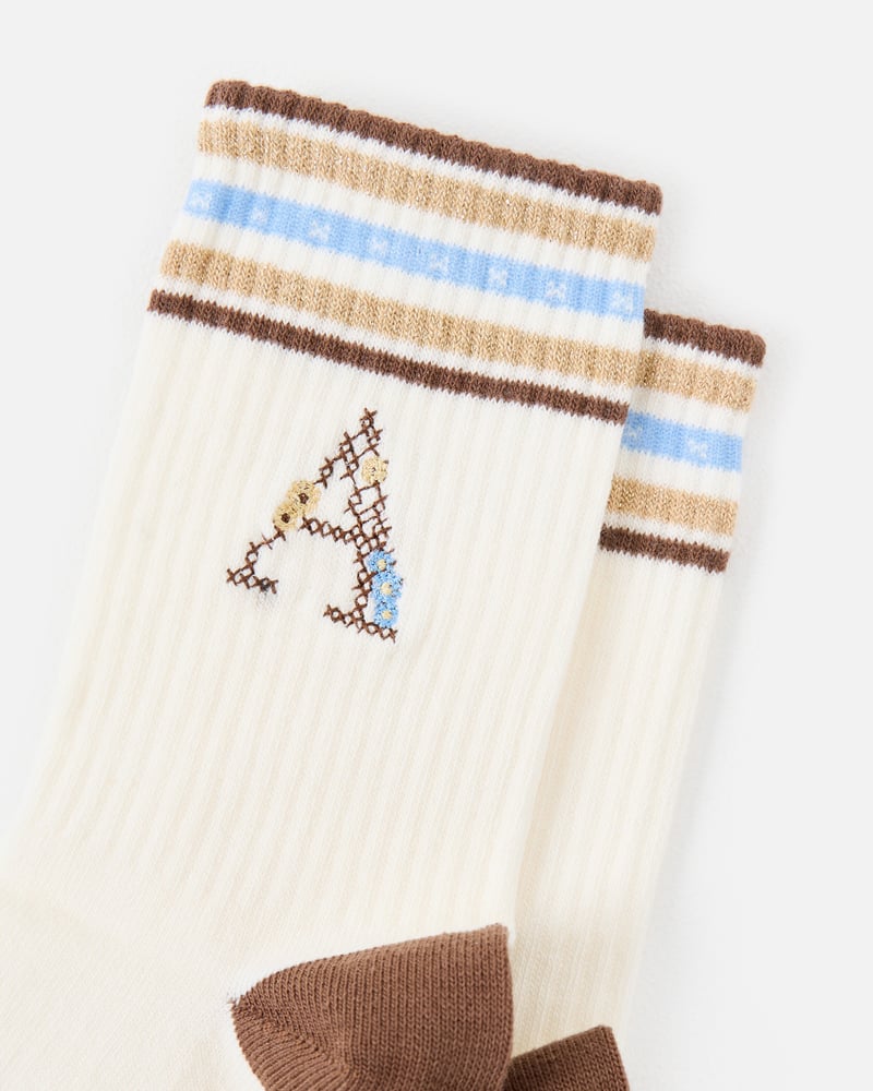 Cream & Brown Cross Stitch Alphabet Initial Ankle Socks