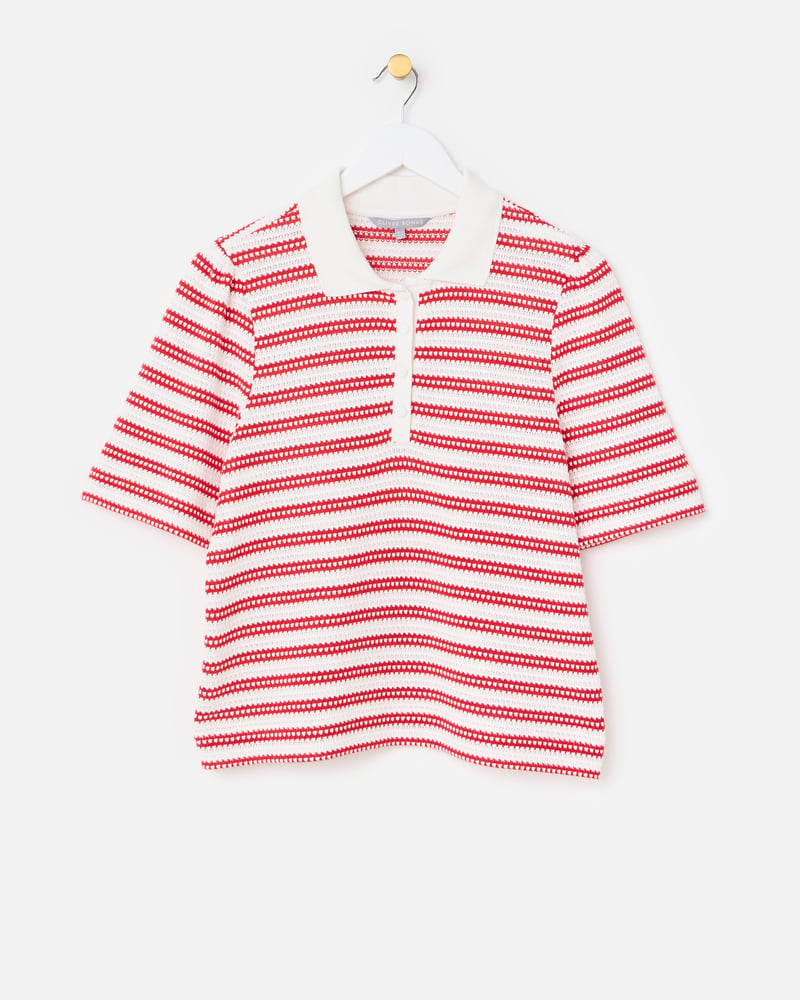 White & Red Stripe Pointelle Short Sleeve Polo Top