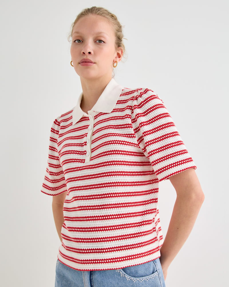 White & Red Stripe Pointelle Short Sleeve Polo Top