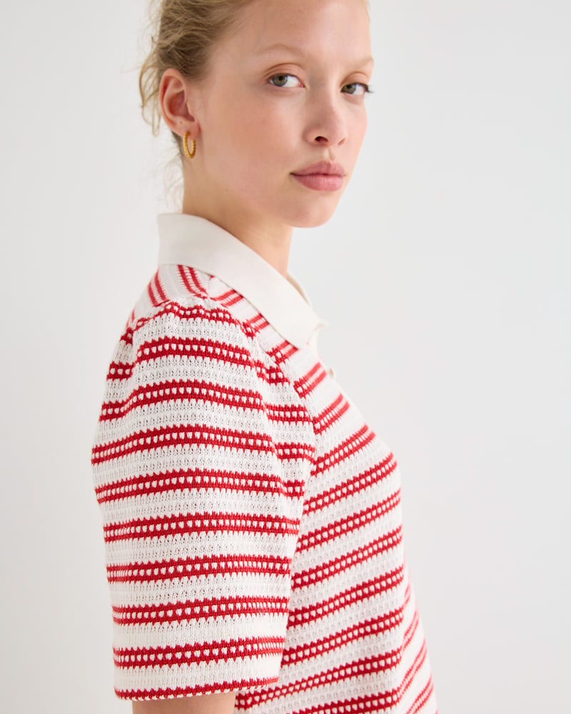 White & Red Stripe Pointelle Short Sleeve Polo Top
