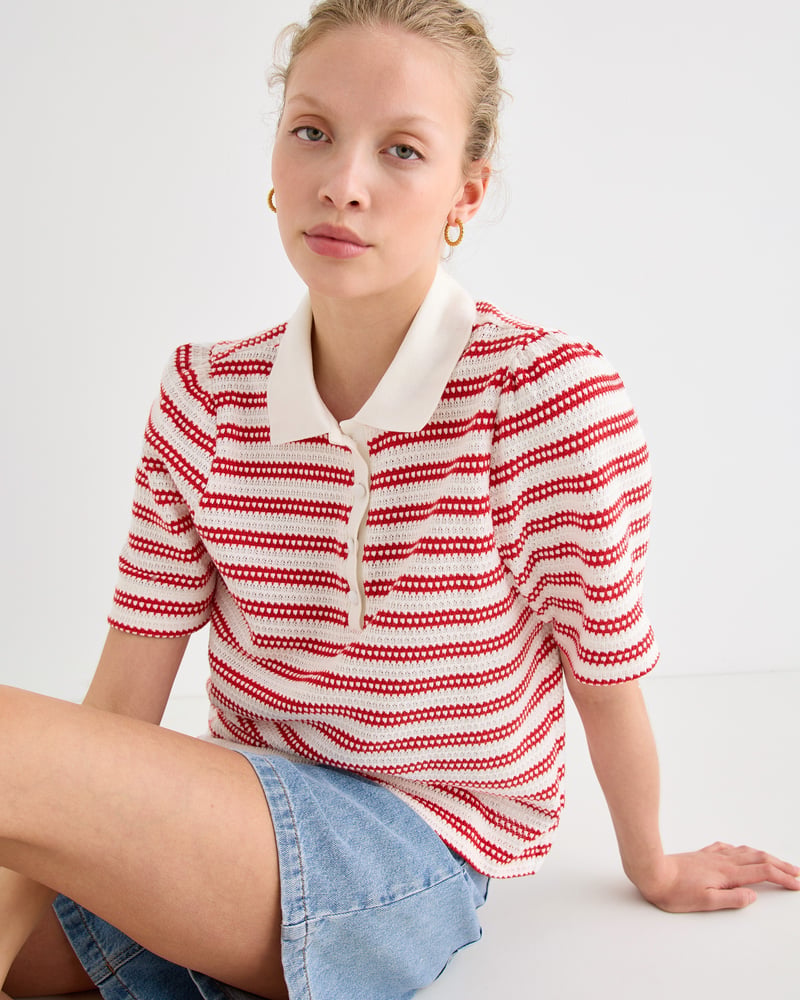 White & Red Stripe Pointelle Short Sleeve Polo Top