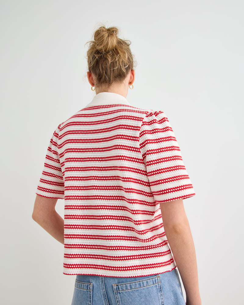 White & Red Stripe Pointelle Short Sleeve Polo Top