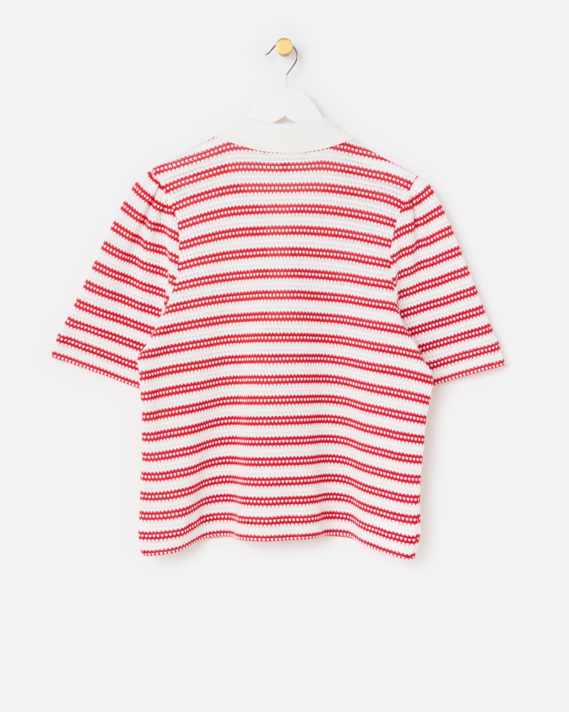 White & Red Stripe Pointelle Short Sleeve Polo Top