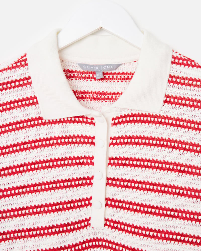 White & Red Stripe Pointelle Short Sleeve Polo Top
