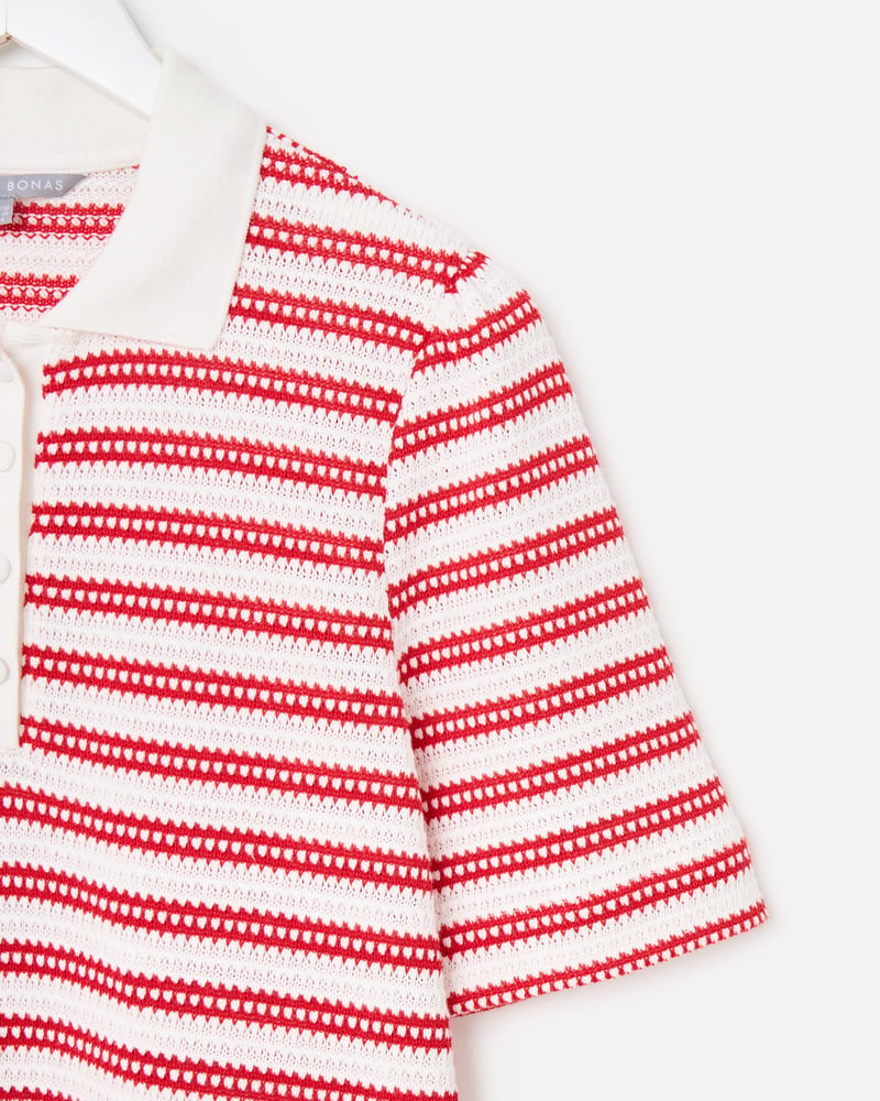 White & Red Stripe Pointelle Short Sleeve Polo Top