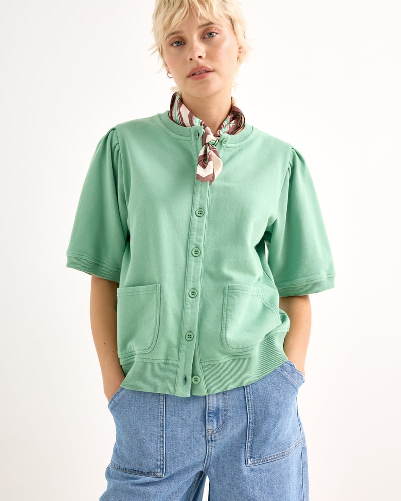 Sage Green Button Up Short Sleeve Sweatshirt
