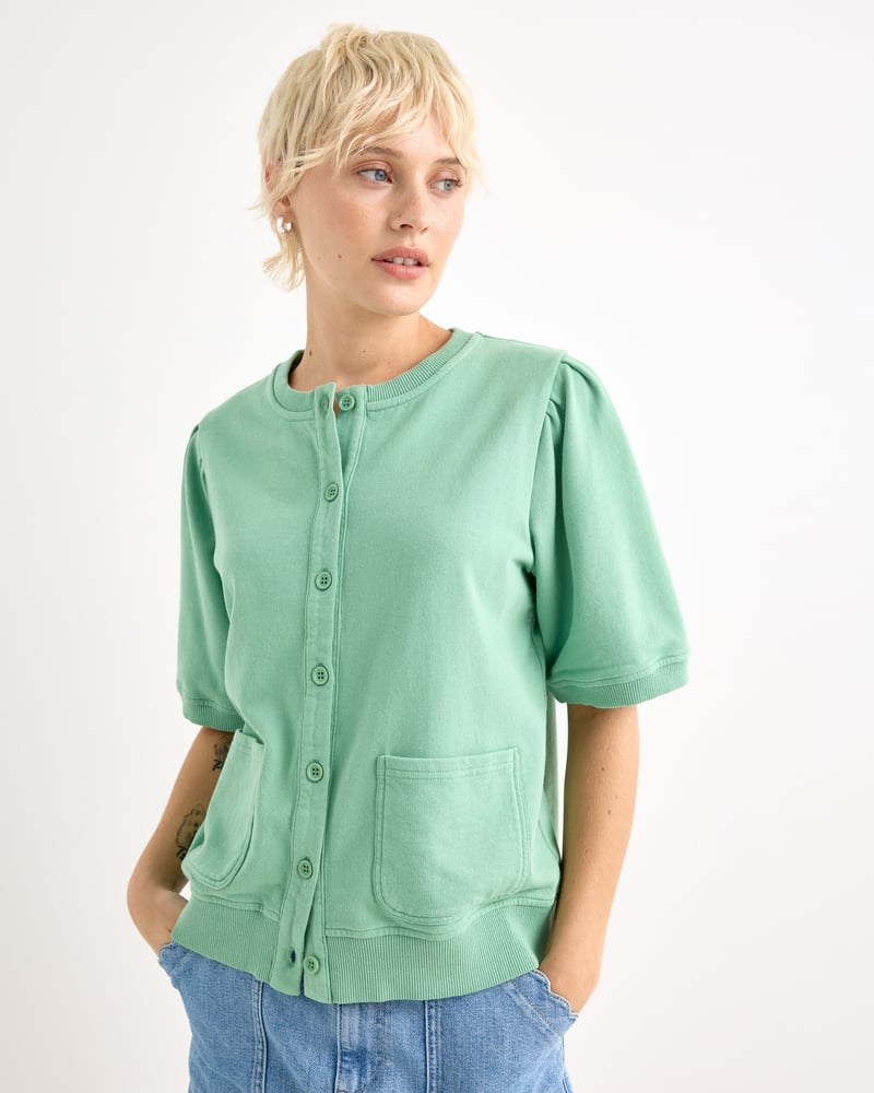 Sage Green Button Up Short Sleeve Sweatshirt