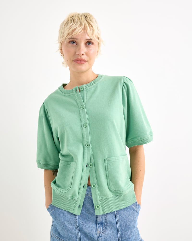 Sage Green Button Up Short Sleeve Sweatshirt