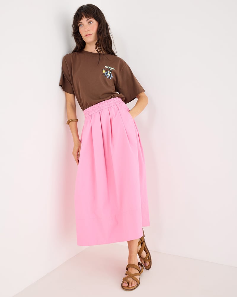 Pink Poplin Elasticated Waist Midi Skirt