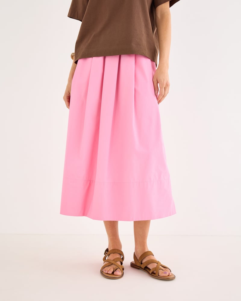 Pink Poplin Elasticated Waist Midi Skirt