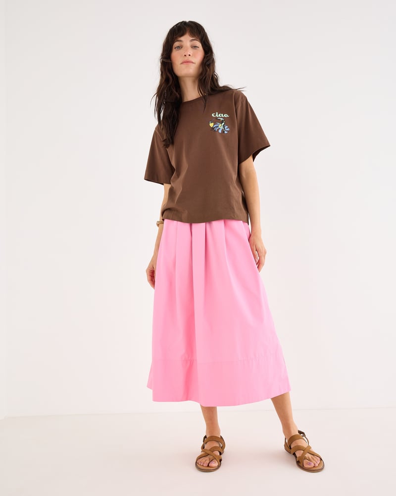 Pink Poplin Elasticated Waist Midi Skirt