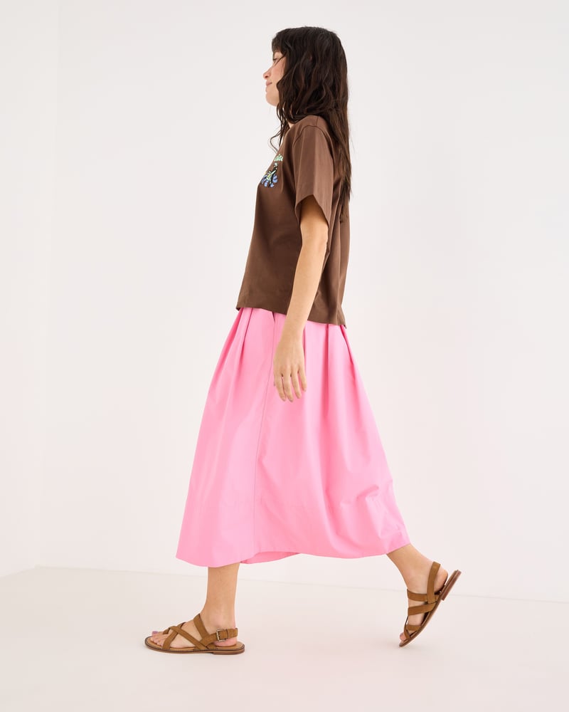 Pink Poplin Elasticated Waist Midi Skirt