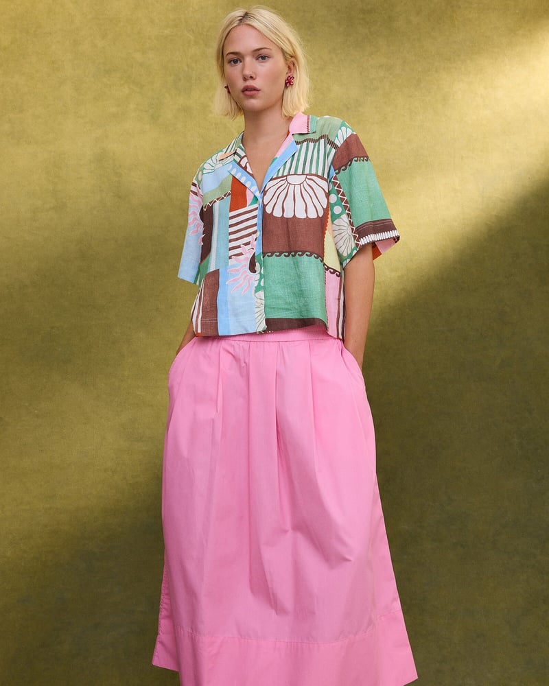 Pink Poplin Elasticated Waist Midi Skirt