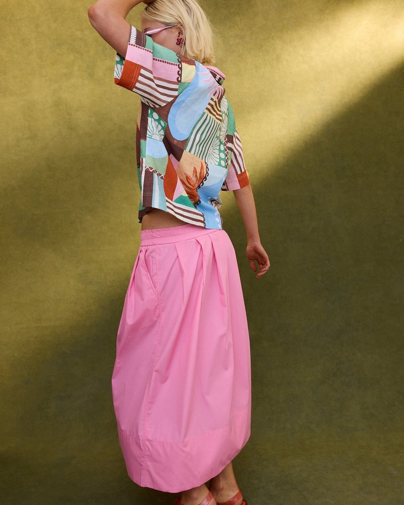 Pink Poplin Elasticated Waist Midi Skirt
