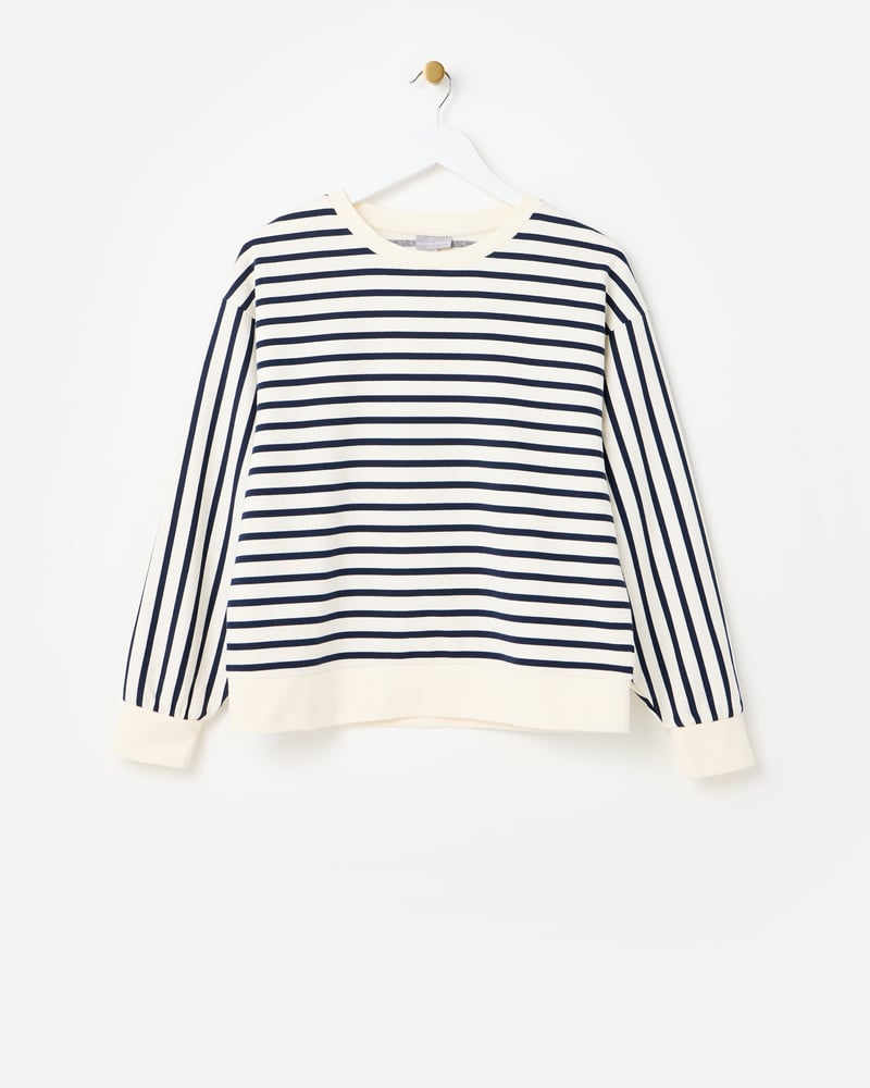 White & Navy Blue Striped Sweatshirt