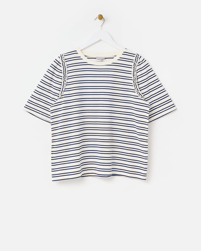 White & Navy Blue Striped Ruffle T-Shirt