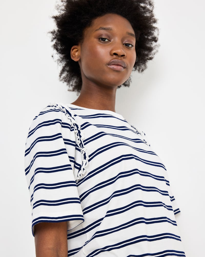 White & Navy Blue Striped Ruffle T-Shirt