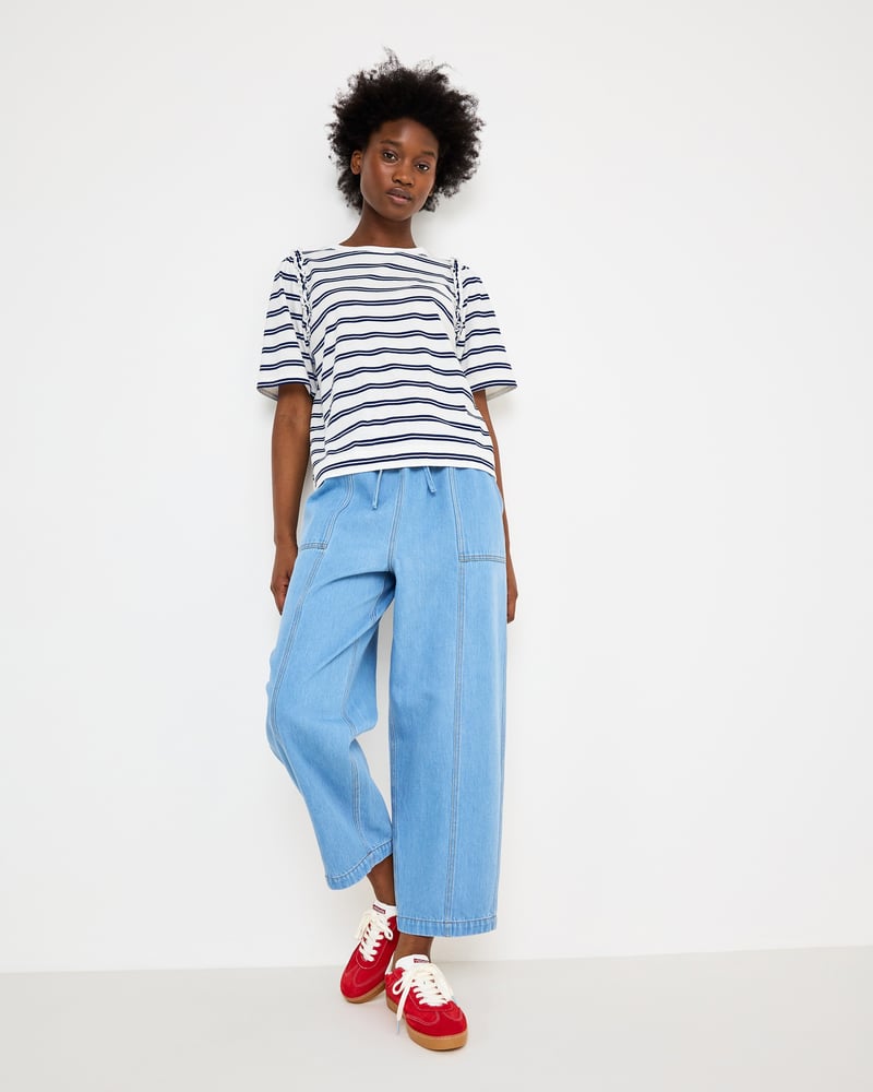 White & Navy Blue Striped Ruffle T-Shirt