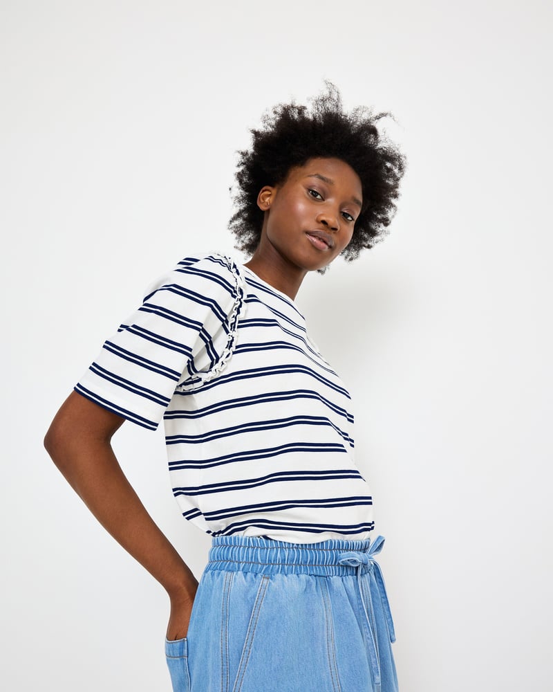 White & Navy Blue Striped Ruffle T-Shirt