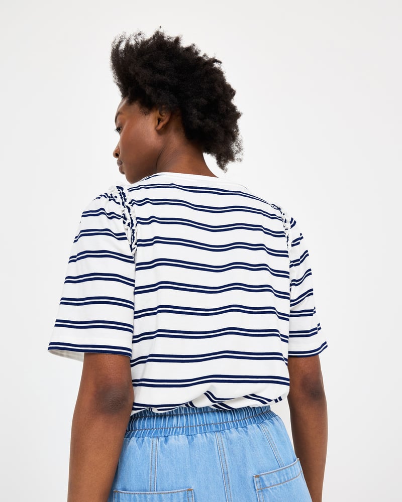 White & Navy Blue Striped Ruffle T-Shirt