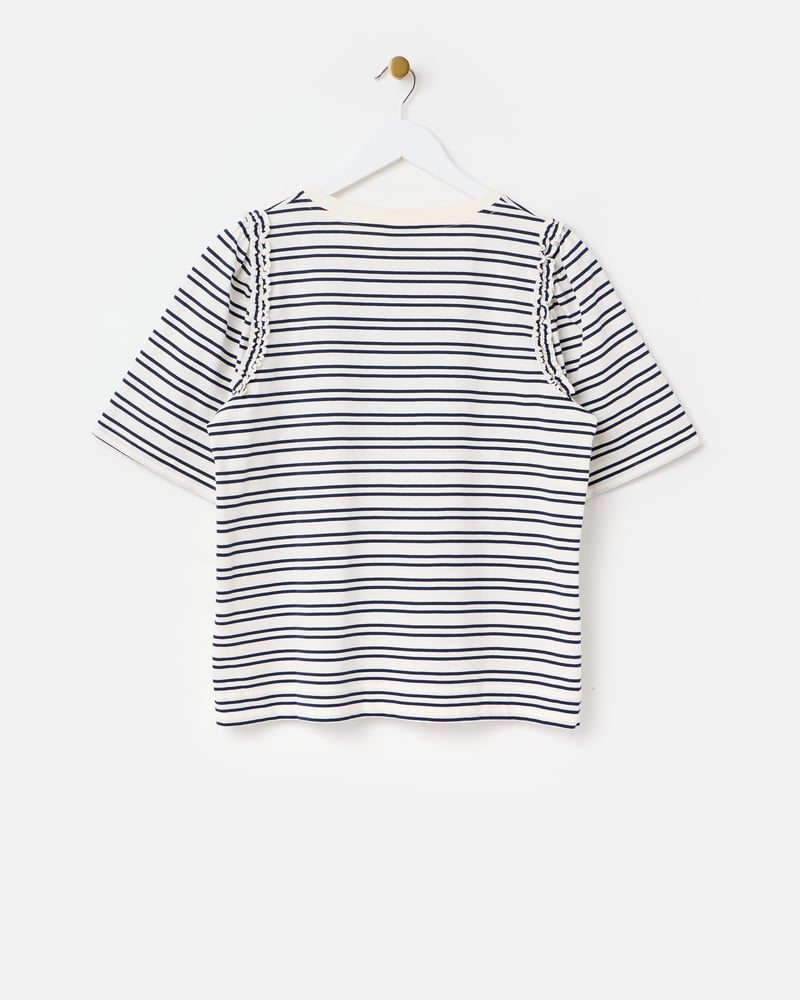 White & Navy Blue Striped Ruffle T-Shirt