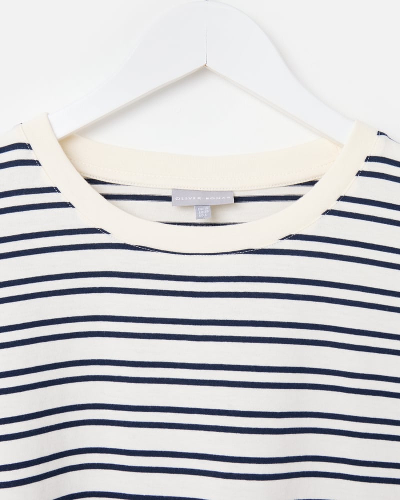 White & Navy Blue Striped Ruffle T-Shirt