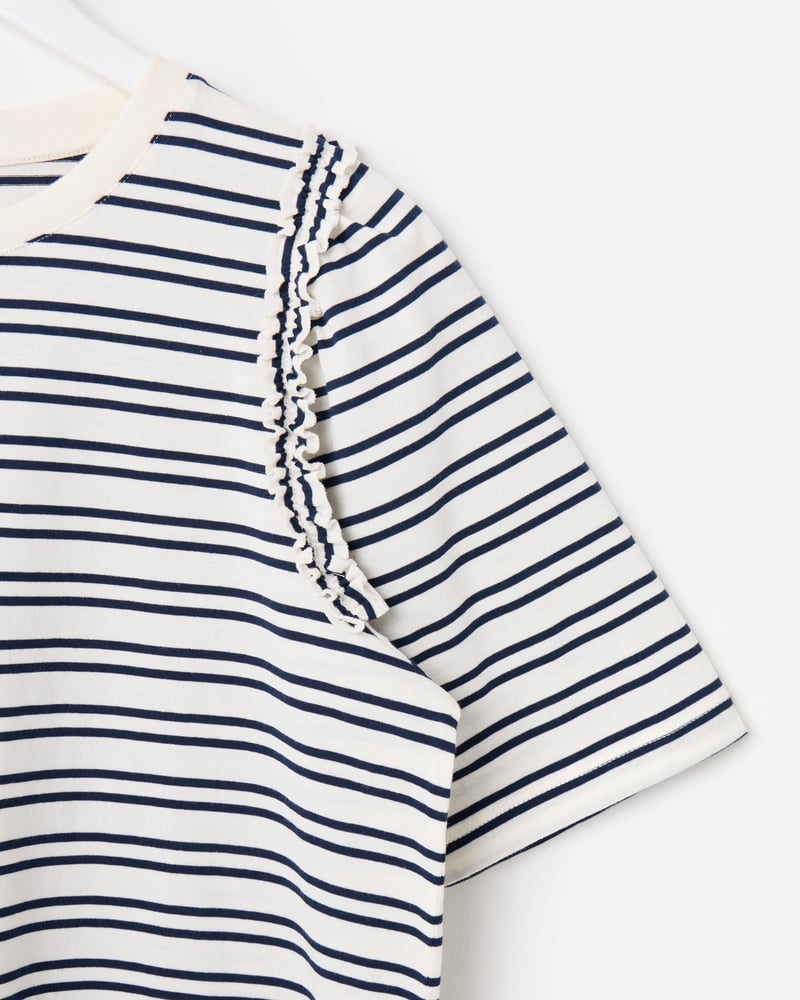 White & Navy Blue Striped Ruffle T-Shirt
