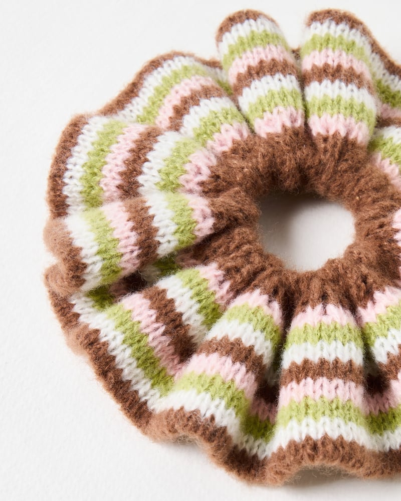 Ingrid Brown, Pink & Green Striped Knitted Scrunchie