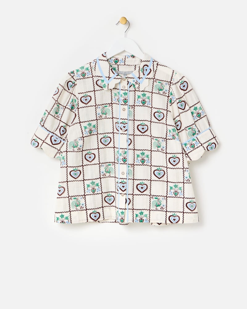 White & Brown Tile Print Short Sleeve Cotton Shirt