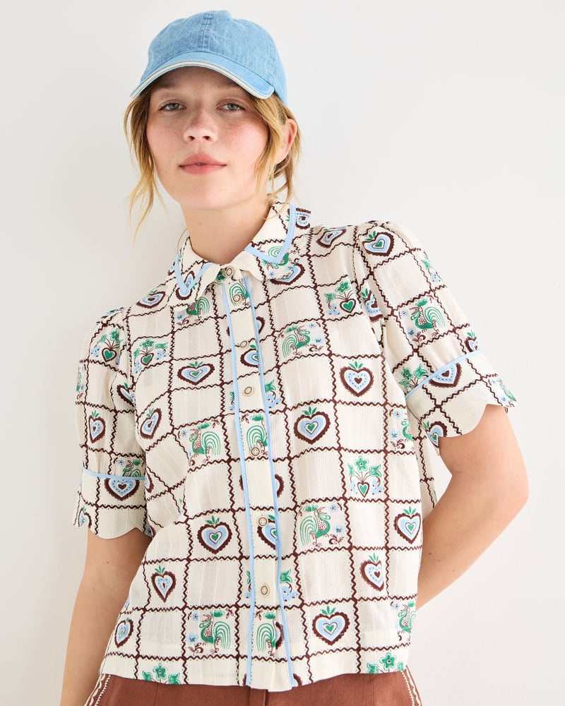 White & Brown Tile Print Short Sleeve Cotton Shirt