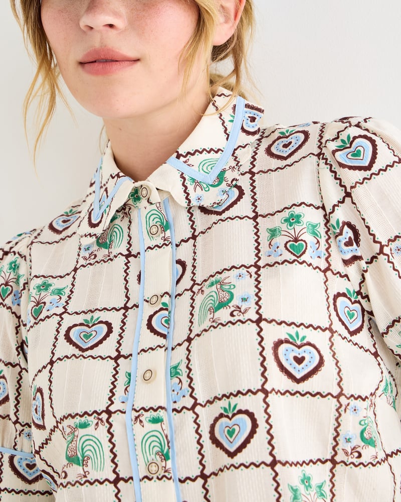 White & Brown Tile Print Short Sleeve Cotton Shirt