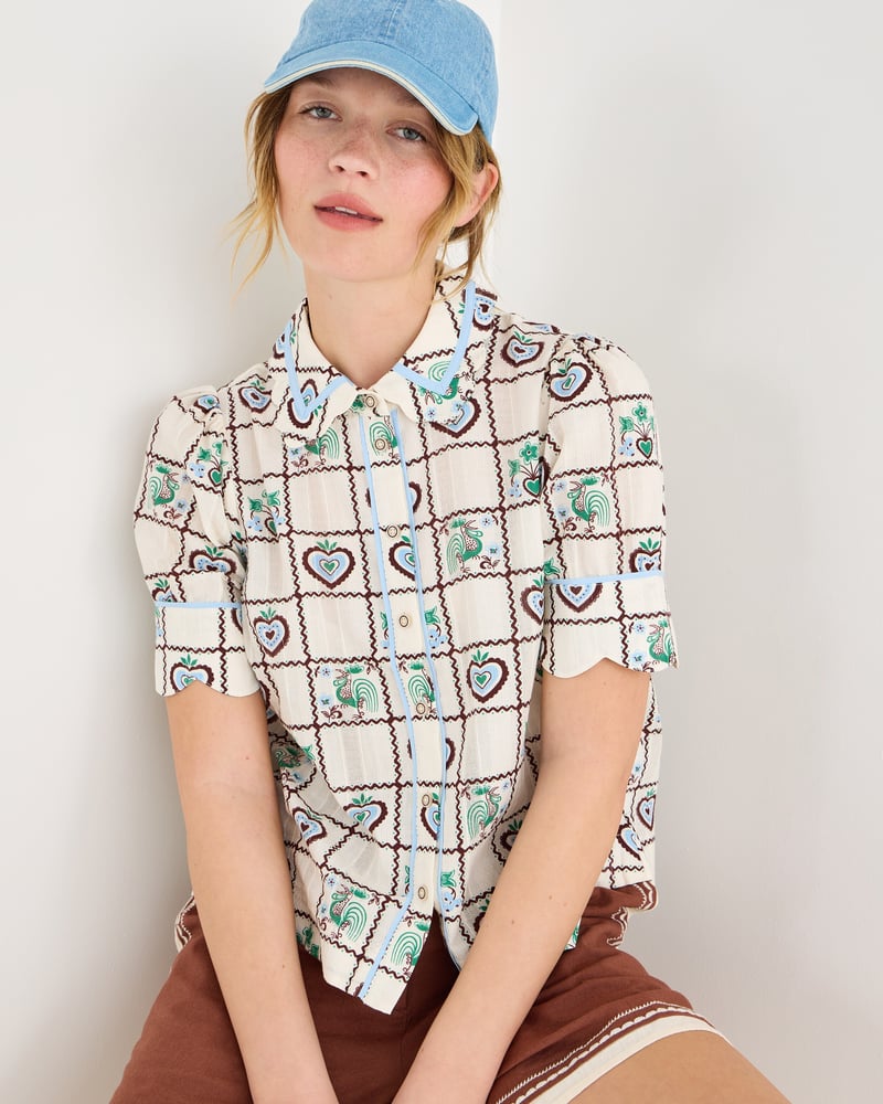 White & Brown Tile Print Short Sleeve Cotton Shirt