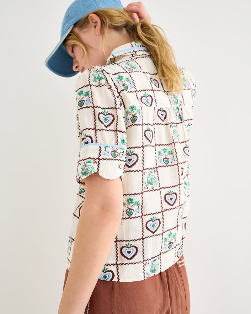 White & Brown Tile Print Short Sleeve Cotton Shirt