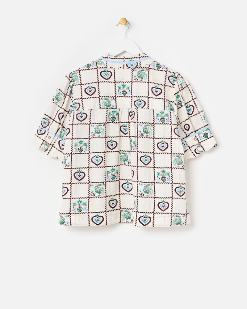 White & Brown Tile Print Short Sleeve Cotton Shirt