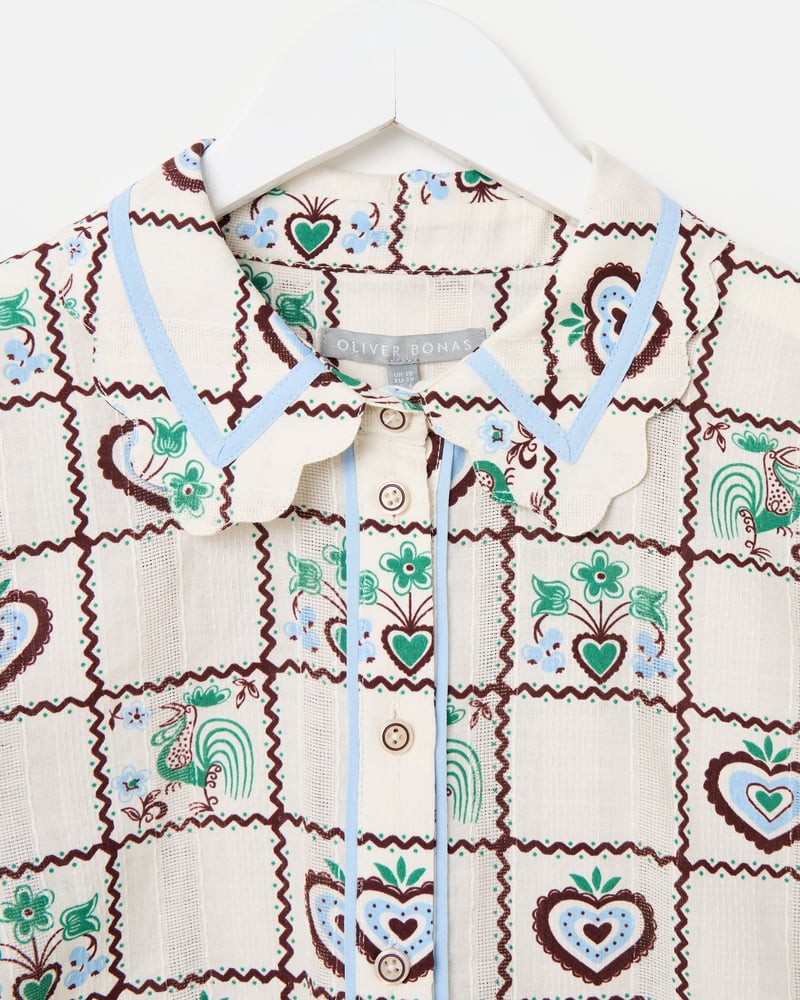White & Brown Tile Print Short Sleeve Cotton Shirt