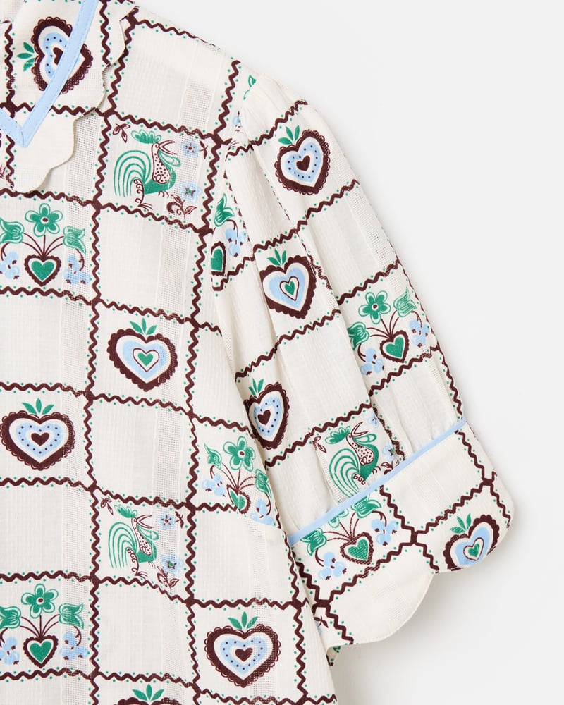 White & Brown Tile Print Short Sleeve Cotton Shirt