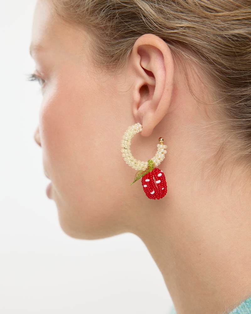 Shelby Strawberry Beaded Charm Drop Hoop Earrings
