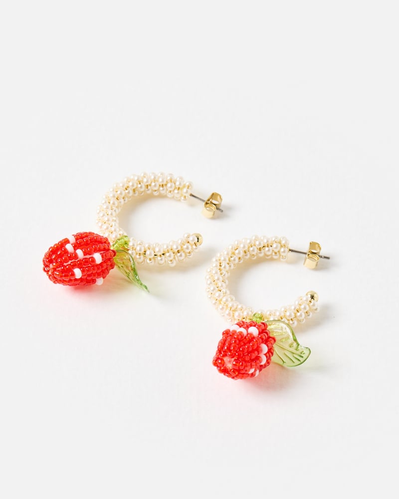 Shelby Strawberry Beaded Charm Drop Hoop Earrings