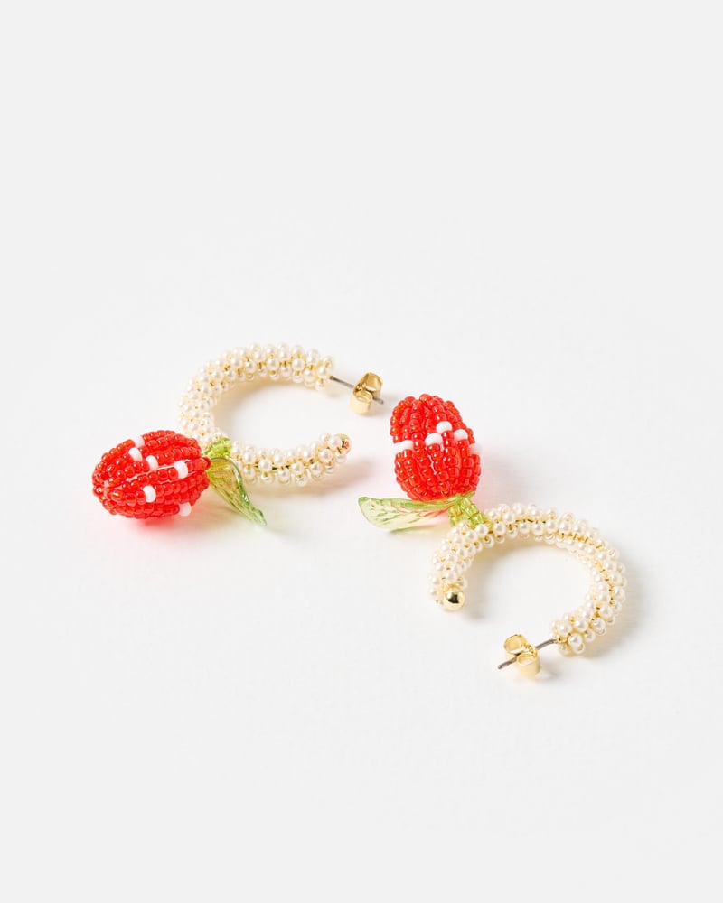 Shelby Strawberry Beaded Charm Drop Hoop Earrings