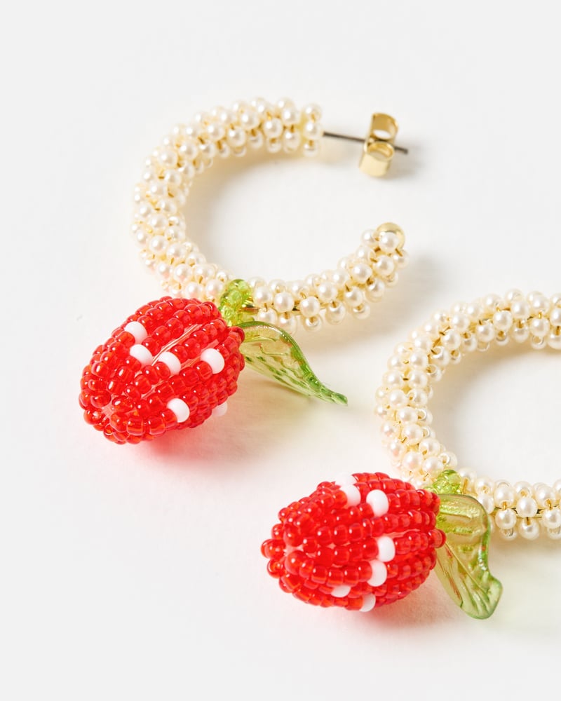 Shelby Strawberry Beaded Charm Drop Hoop Earrings