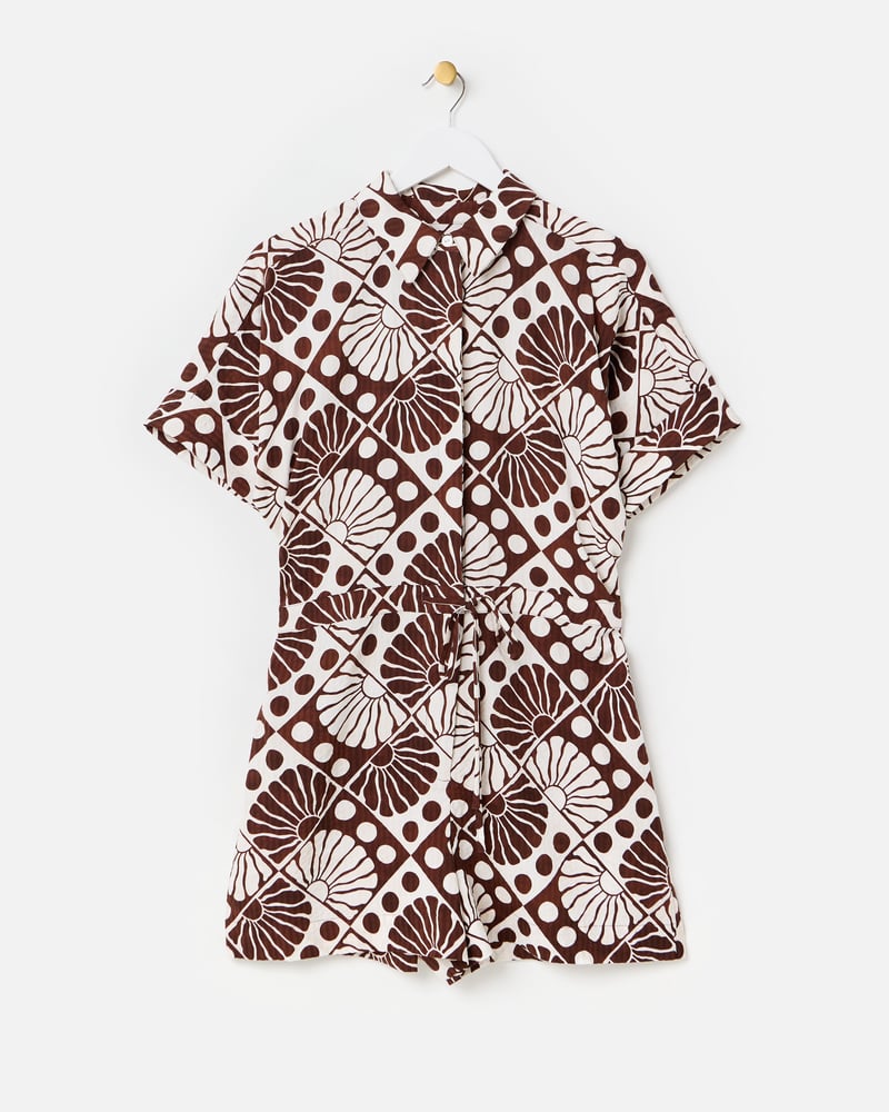 Chocolate Brown & White Sun Print Short Sleeve Playsuit