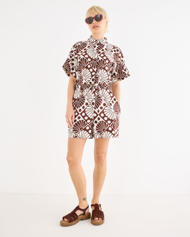 Chocolate Brown & White Sun Print Short Sleeve Playsuit