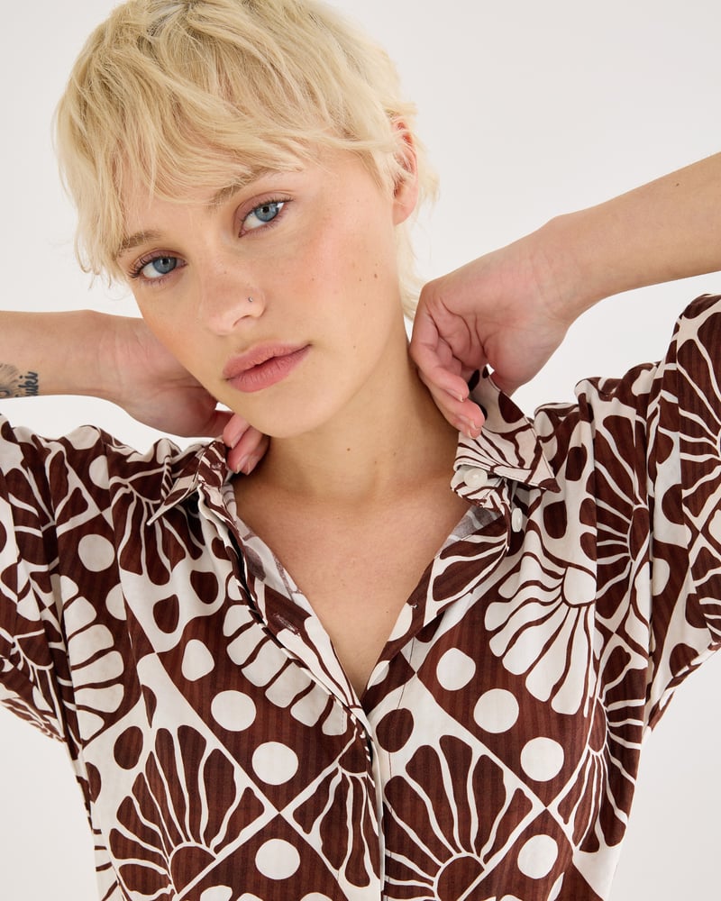 Chocolate Brown & White Sun Print Short Sleeve Playsuit